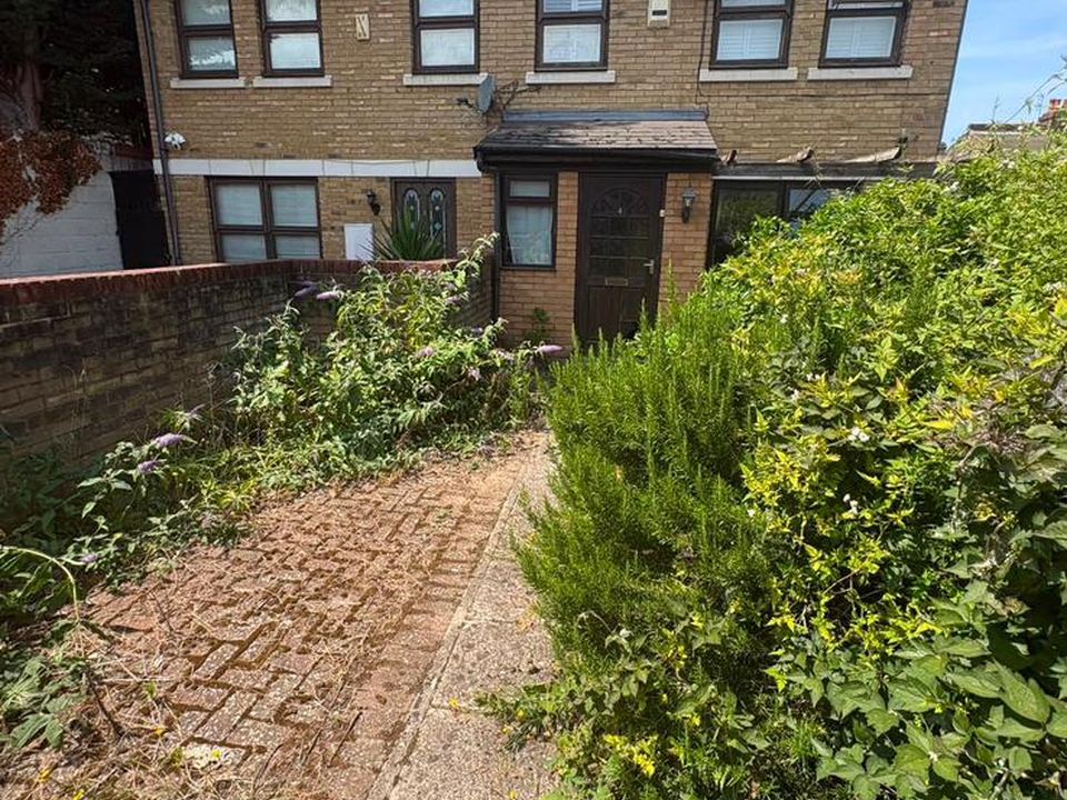 Brick path beside a planted border