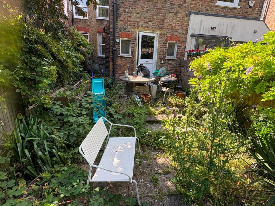 Lush garden corner with seating